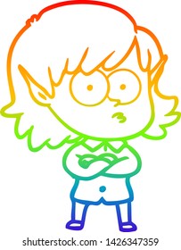 dibujo de la línea del gradiente del arcoiris de una joven elfo de dibujos animados mirando