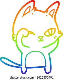 dibujo de una línea de gradiente de arco iris de un gato de dibujos animados frotando el ojo