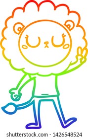 dibujo de una línea de gradiente arco iris de un león de caricatura que da señal de paz