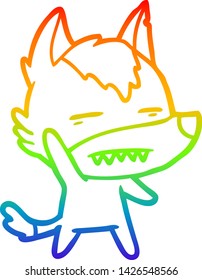 rainbow gradient line drawing of a cartoon wolf waving showing teeth