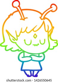 rainbow gradient line drawing of a cartoon alien girl