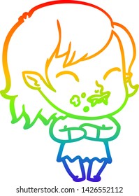 rainbow gradient line drawing of a cartoon vampire girl with blood on cheek