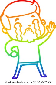rainbow gradient line drawing of a cartoon man crying