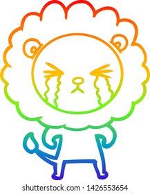 rainbow gradient line drawing of a cartoon crying lion