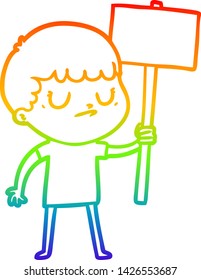 Regenbogen-Farbverlauf-Linie Zeichnung eines Cartoon-Grumpy-Jungen mit Placard