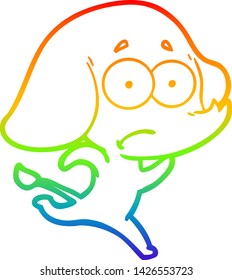 rainbow gradient line drawing of a cartoon unsure elephant running away