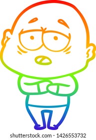 dibujo de una línea de gradiente de arco iris de un hombre calvo cansado de la caricatura