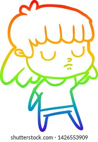 rainbow gradient line drawing of a cartoon indifferent woman