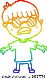 rainbow gradient line drawing of a cartoon boy wearing spectacles