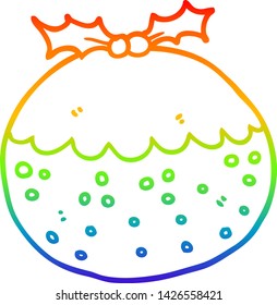 dibujo de una línea de degradado de color arcoiris de un pudín de navidad de dibujos animados