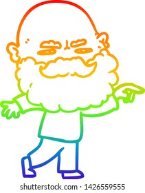 rainbow gradient line drawing of a cartoon man with beard frowning and pointing