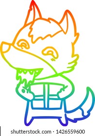dibujo de una línea de degradado de arco iris de un lobo hambriento de caricatura con navidad presente