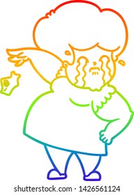 rainbow gradient line drawing of a cartoon crying woman dropping handkerchief