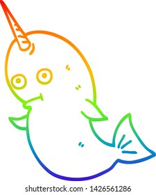 rainbow gradient line drawing of a cartoon narwhal