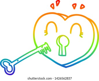 rainbow gradient line drawing of a cartoon heart with key