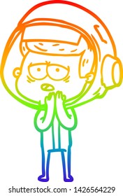 rainbow gradient line drawing of a cartoon tired astronaut
