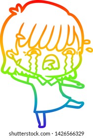 rainbow gradient line drawing of a cartoon girl crying