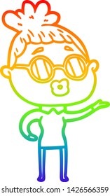 rainbow gradient line drawing of a cartoon woman wearing sunglasses