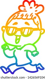 rainbow gradient line drawing of a cartoon happy woman wearing spectacles