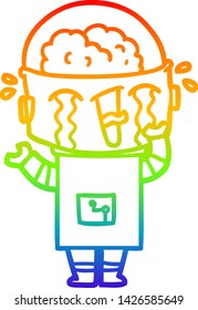 rainbow gradient line drawing of a cartoon crying robot