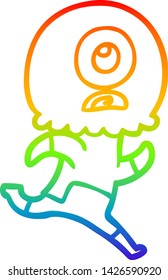 rainbow gradient line drawing of a cartoon cyclops alien spaceman running