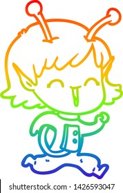 rainbow gradient line drawing of a cartoon alien girl laughing