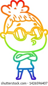 rainbow gradient line drawing of a cartoon woman wearing glasses