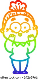 rainbow gradient line drawing of a cartoon happy old woman