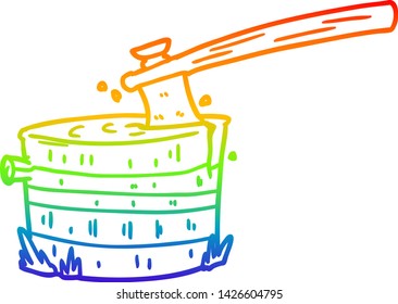 rainbow gradient line drawing of a cartoon tree stump with axe