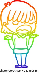 rainbow gradient line drawing of a cartoon woman talking loudly