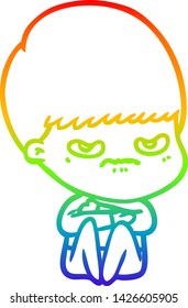 rainbow gradient line drawing of a cartoon angry boy sitting