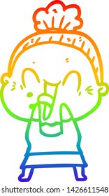 rainbow gradient line drawing of a cartoon happy old woman