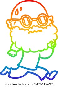 rainbow gradient line drawing of a cartoon running man with beard and sunglasses sweating