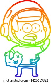 desenho de linha de gradiente do arco-íris de um desenho animado surpreendeu astronauta segurando rocha da lua