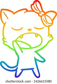 dibujo de una línea de gradiente de arco iris de un gato bostezador de dibujos animados