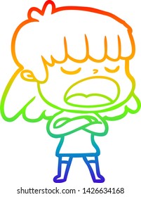 rainbow gradient line drawing of a cartoon woman talking loudly
