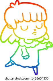 rainbow gradient line drawing of a cartoon indifferent woman