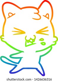 rainbow gradient line drawing of a cartoon cat hissing