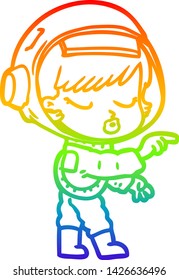 rainbow gradient line drawing of a cartoon pretty astronaut girl pointing