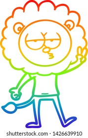 rainbow gradient line drawing of a cartoon bored lion waving