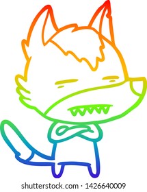 dibujo de una línea de gradiente de arco iris de un lobo de dibujos animados que muestra dientes