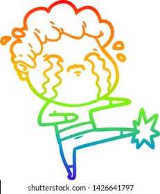 dibujo de una línea de gradiente de arco iris de un hombre de dibujos animados llorando