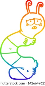 rainbow gradient line drawing of a cartoon tired caterpillar