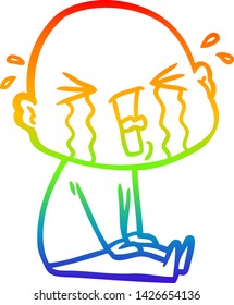 rainbow gradient line drawing of a cartoon crying bald man