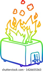 dibujo de línea de gradiente de arcoiris de una tostadora ardiente de dibujos animados
