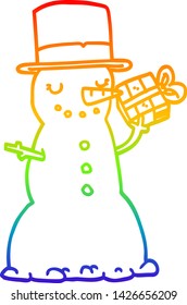 rainbow gradient line drawing of a cartoon christmas snowman