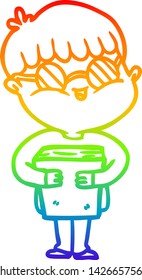 dibujo de una línea de degradado de arco iris de un niño de caricatura que lleva gafas cargando un libro