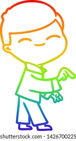 rainbow gradient line drawing of a cartoon smiling boy pointing