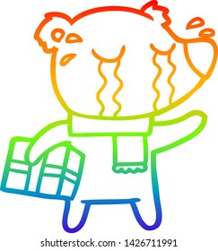 rainbow gradient line drawing of a cartoon crying christmas polar bear