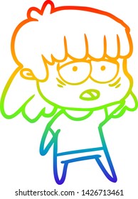 rainbow gradient line drawing of a cartoon tired woman